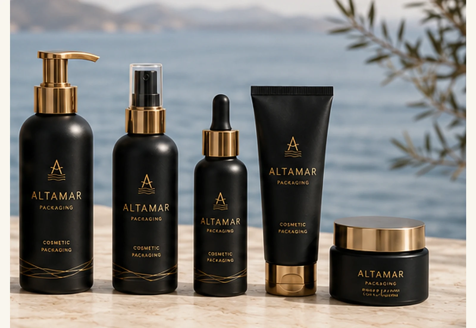 Altamar cosmetic bottle family with pumps, sprayers, dropper, tube, and treatment jar