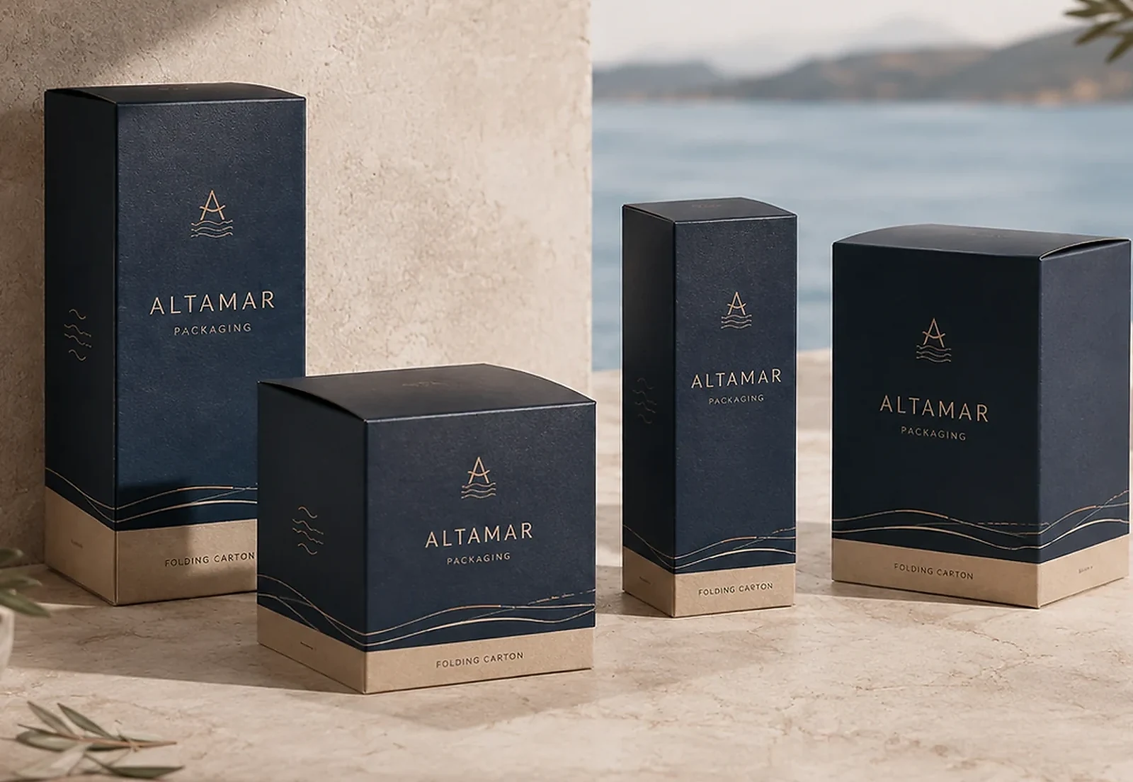 Altamar folding carton packaging in a Mediterranean-inspired setting