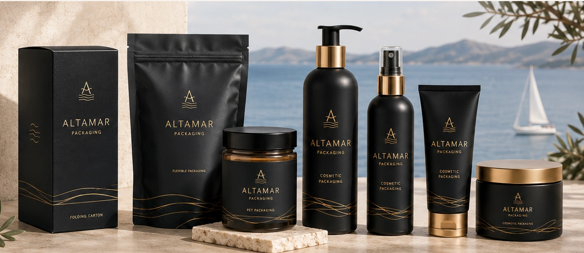 Altamar packaging lineup with folding carton, flexible pouch, PET jar, pump bottle, spray bottle, tube, and treatment jar