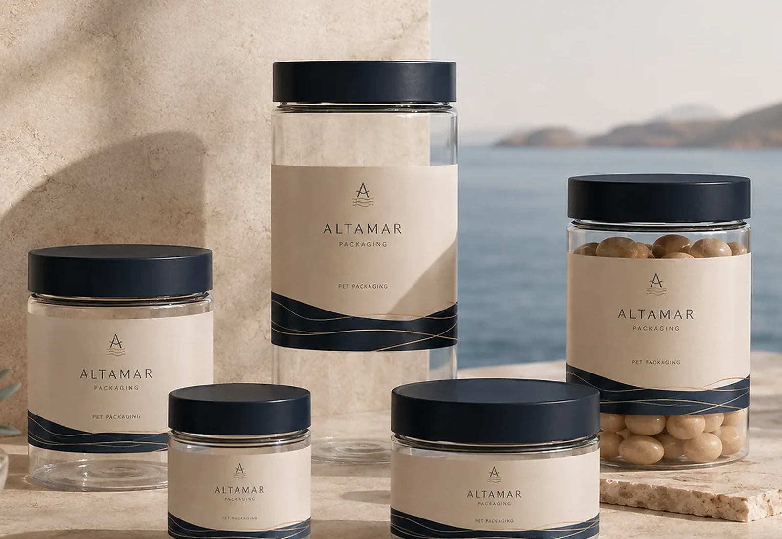 Altamar PET jar packaging in clear, amber, and premium finishes